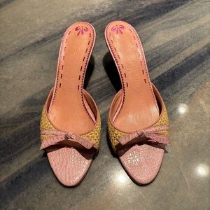 UNGARO MULES IN TAN WITH PINK BOWS